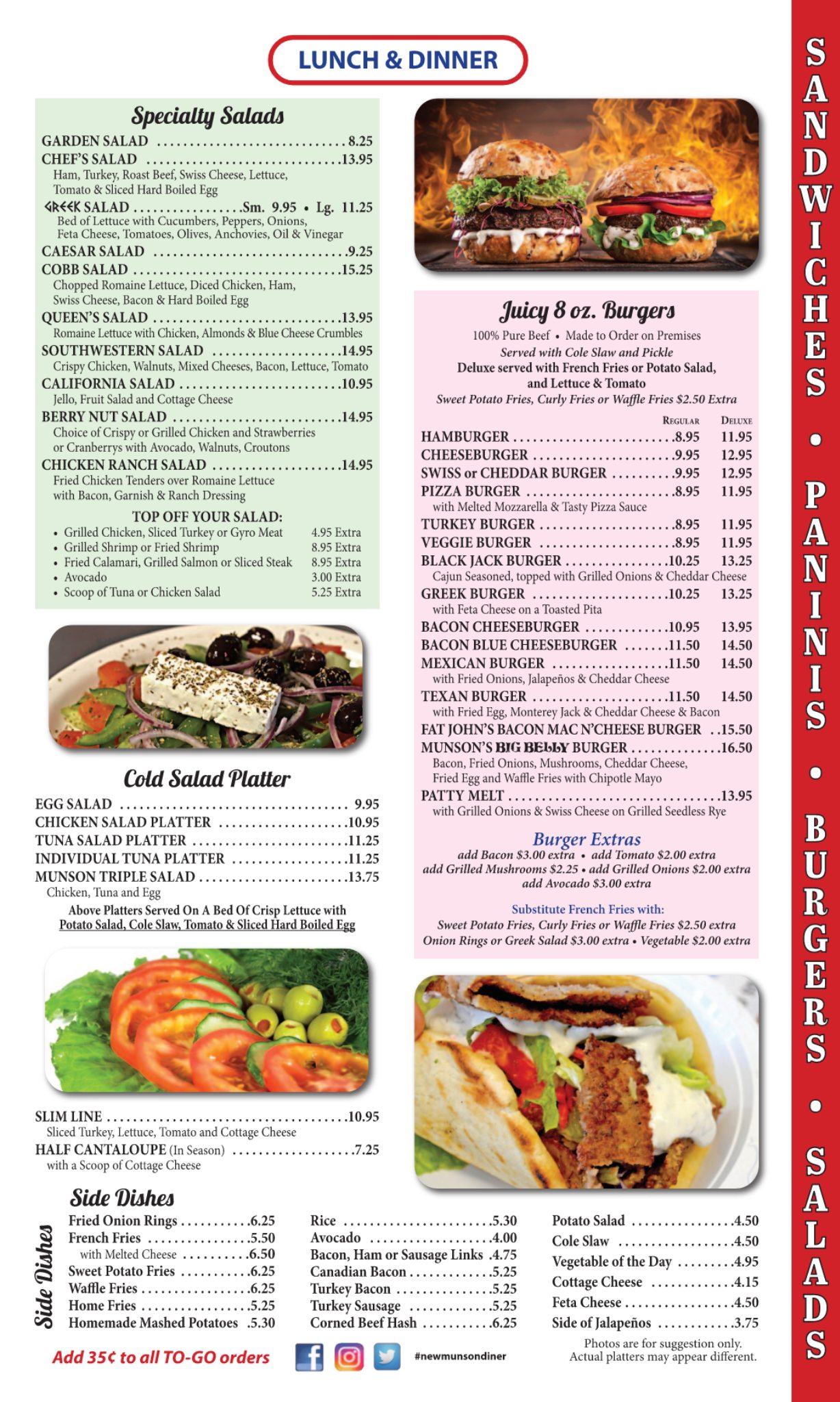 New Munson Diner salads burgers paninis cold salad platters and sides menu page